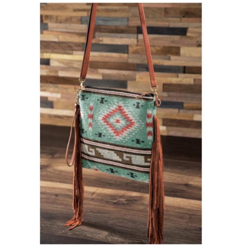 L.I.B. Western Print Faux Suede Fringe Crossbody